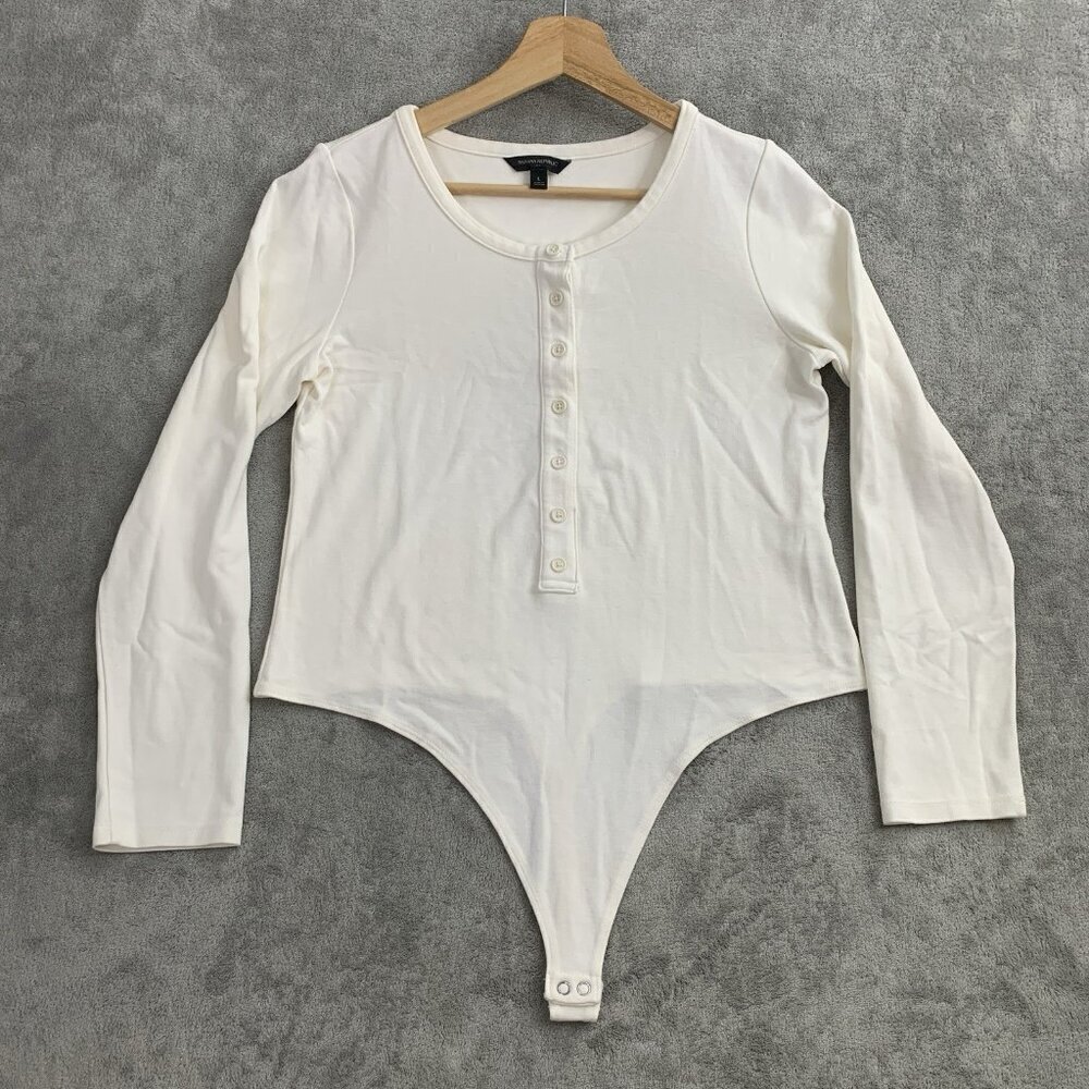 Banana Republic Shirt Womens L Bodysuit Stretch Crewneck Henley Thong White